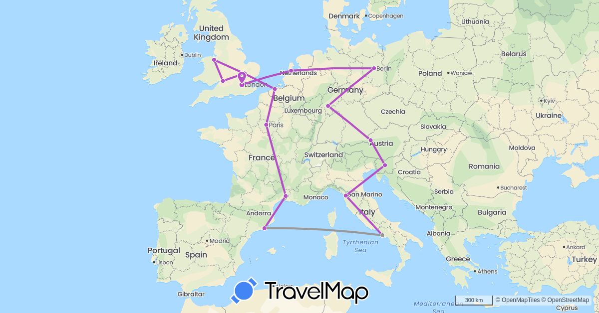 TravelMap itinerary: driving, plane, train in Austria, Belgium, Germany, Spain, France, United Kingdom, Italy, Netherlands, Slovenia (Europe)