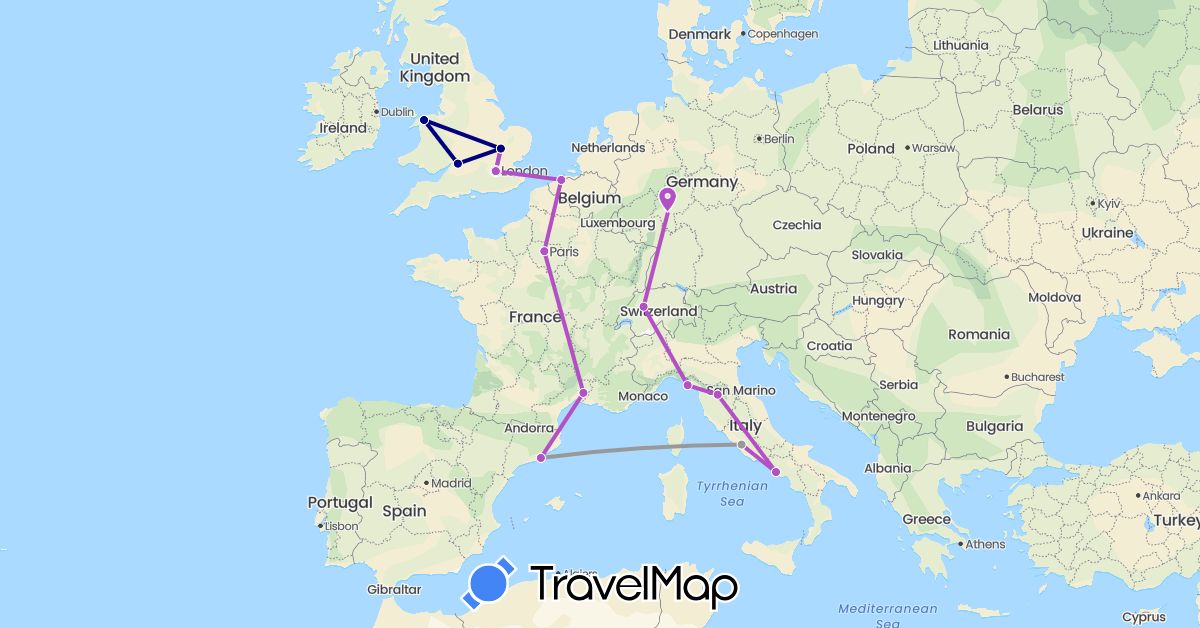 TravelMap itinerary: driving, plane, train in Belgium, Switzerland, Germany, Spain, France, United Kingdom, Italy (Europe)